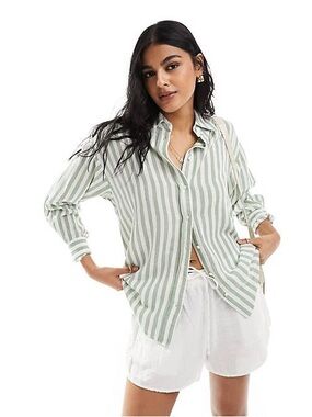 Striped Green and White Button-Down Shirt - Women's Casual Long Sleeve